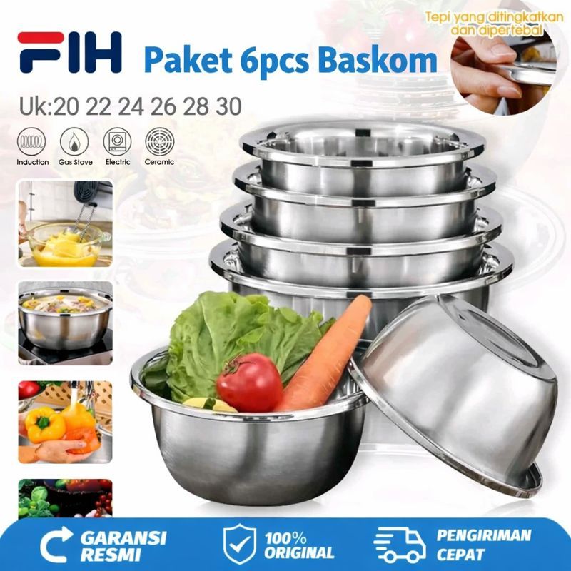 COD baskom 6PCS Baskom Stainless Steel 304 Set Isi 6 - FREE 1 Centong Sayur, Wadah Praktis Cuci Buah