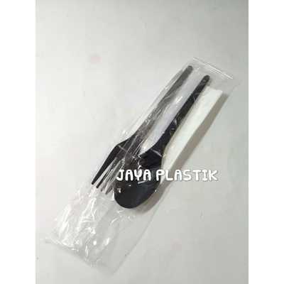 PAKET SENDOK GARPU MAKAN PLASTIK TISSUE DAN TUSUK GIGI - HITAM