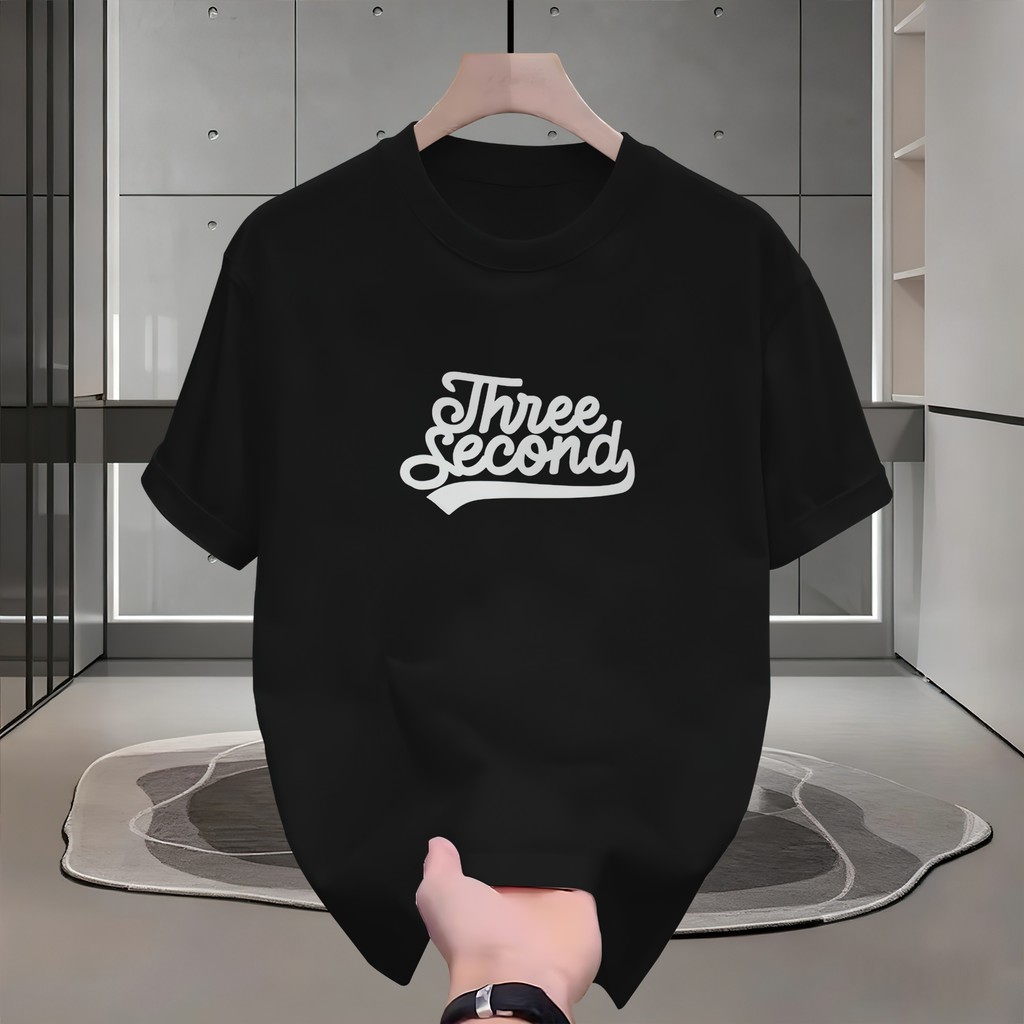 [COD|Stok Ready Semua Ukuran]Kaos Hitam Pria Desain Cetak Three Second (Teks Skrip Retro Stylish)|Ka