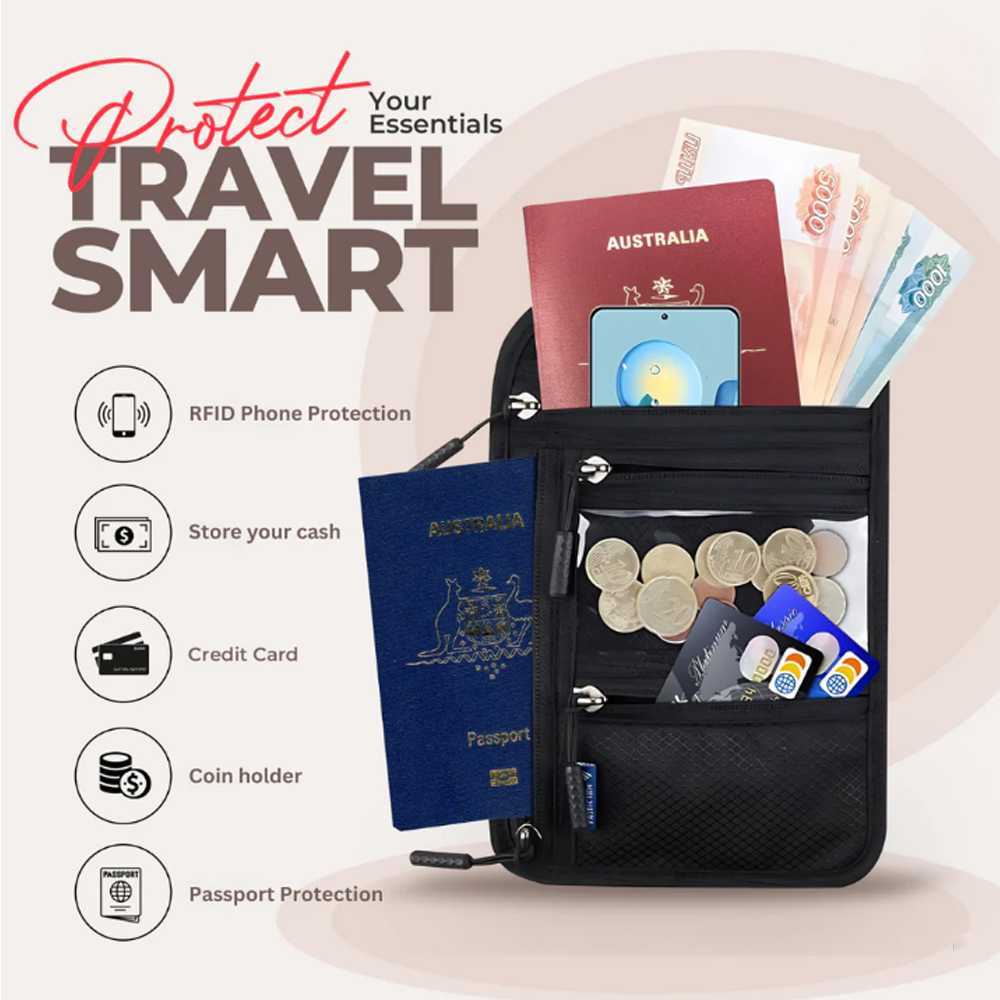 Dompet Paspor Travel Gantung Leher RFID Blocking Neck Wallet Organizer Dokumen Tiket Kartu Uang Aman