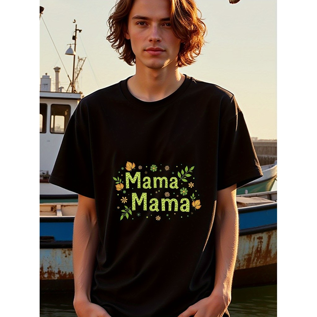 Kaos Poliester - Baju V-Neck Putih, Motif Bunga, Baju Kaos Olahraga Pria