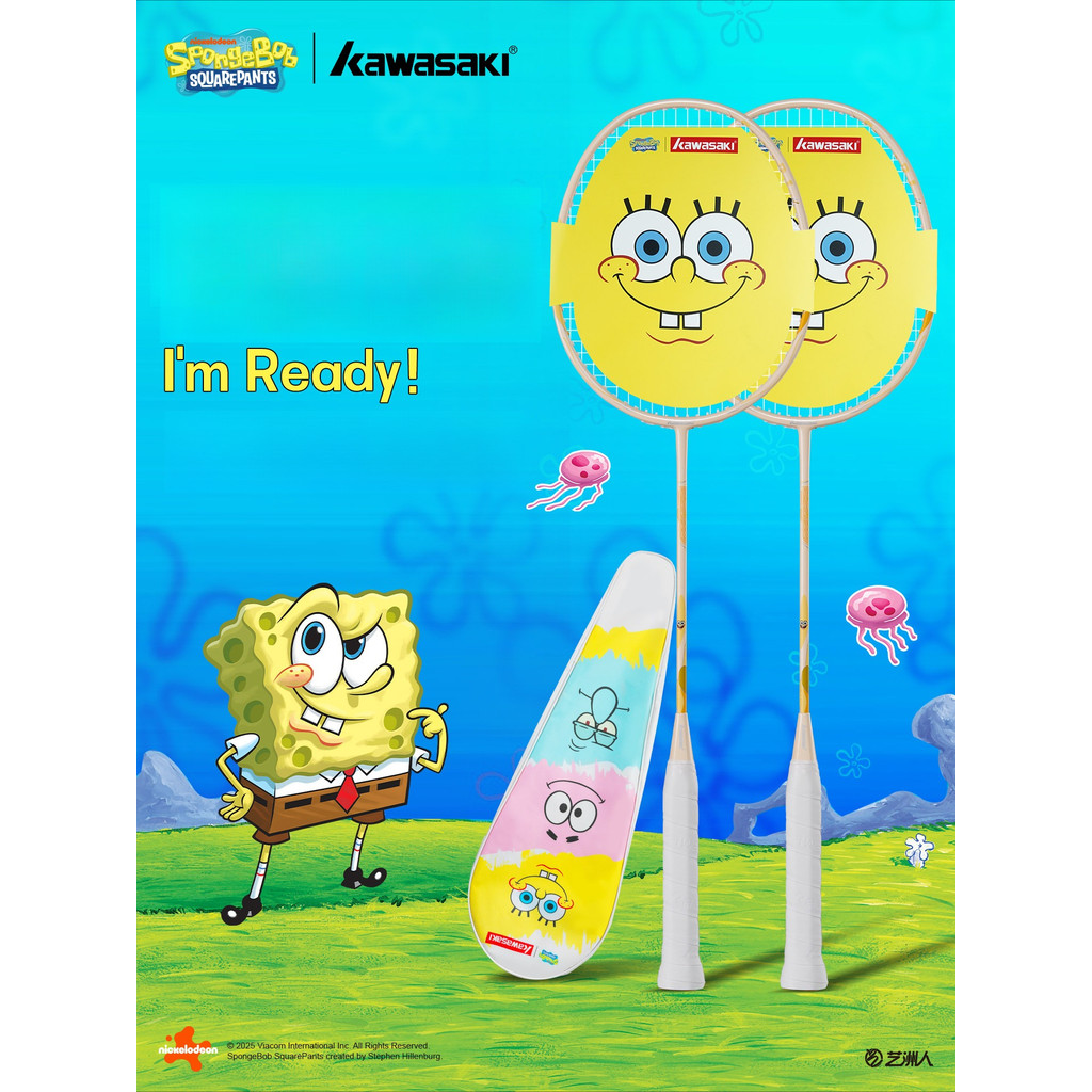 Raket Bulu Tangkis Raket Badminton Kawasaki Brand Karakter Spongebob Squarepants Include Tas Ekslusi