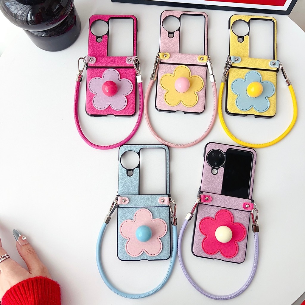 Cute Macaron Warna 3D Bunga Matahari Lychee Pola Kasus Telepon dengan Rantai Kulit untuk OPPO Temuka