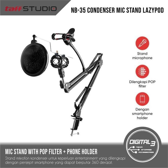 Taffstudio NB-35 Condenser Microphone Stand Lazypod 360 Filter Penyangga Mic Clamp Podcast Recording