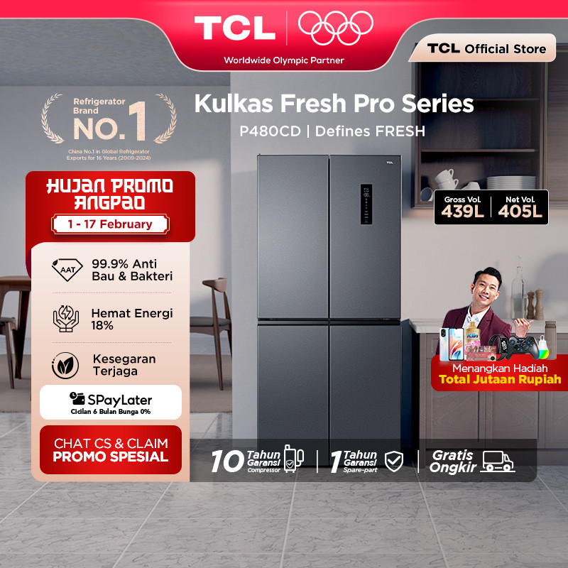 TCL Kulkas 4 Pintu - Kapasitas 439L - Big Capacity - Twin Eco Inverter - AAT Gen 2 Natural Eco Fresh