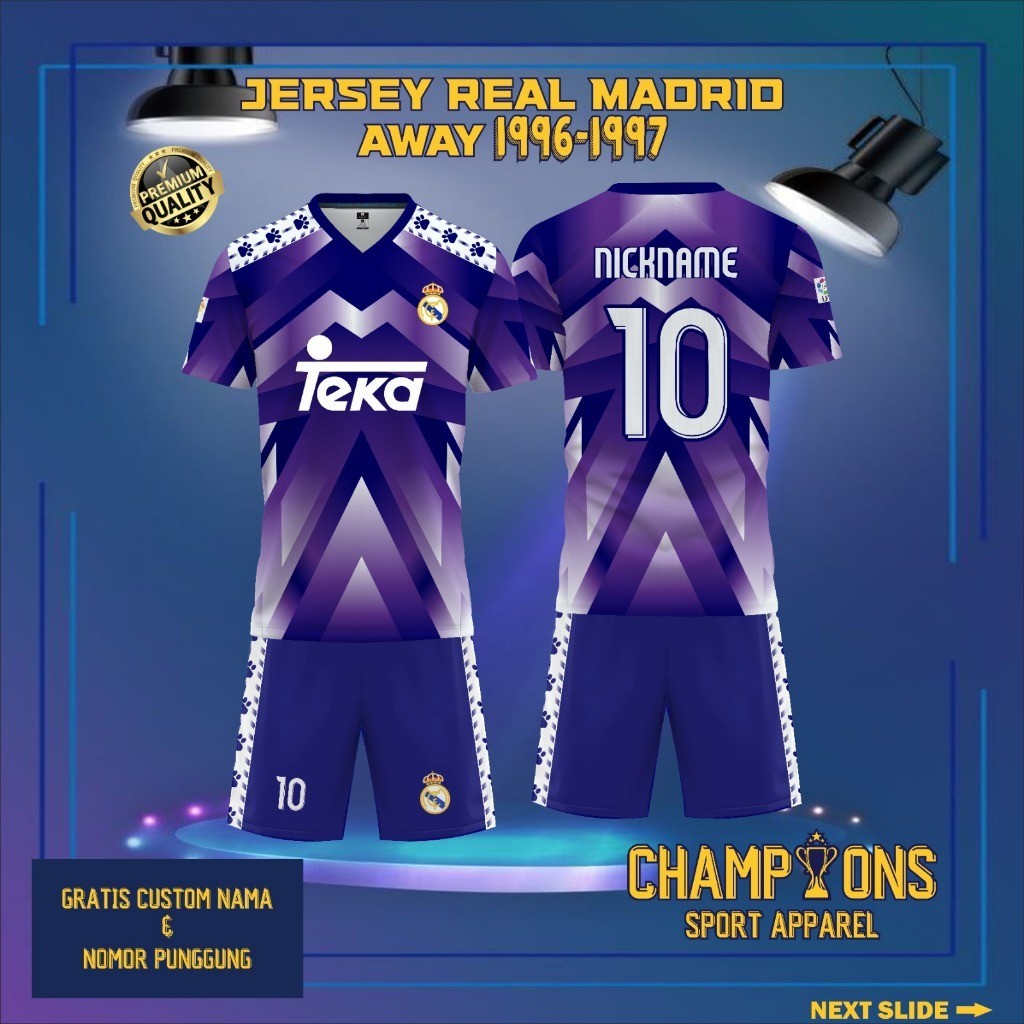Jersey Sepak bola custom Real Madrid Away 1996 1997 – Full Printing Dryfit Milano | Nama & Nomor