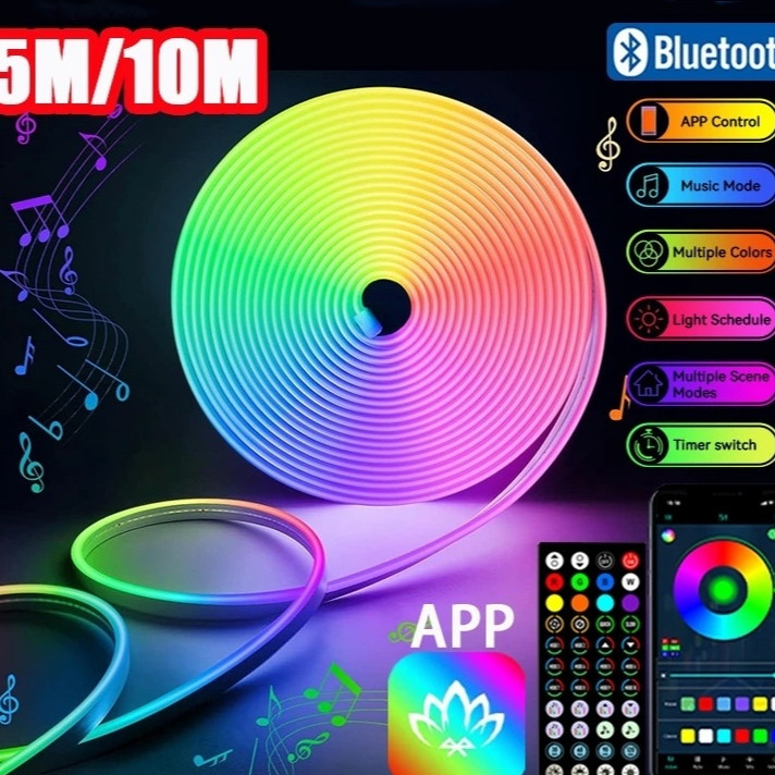 Lampu Neon Flex LED RGB 5m/10m Remote Tahan Air Running Remote Lampu Strip Led Neon Sign Silikon Lem