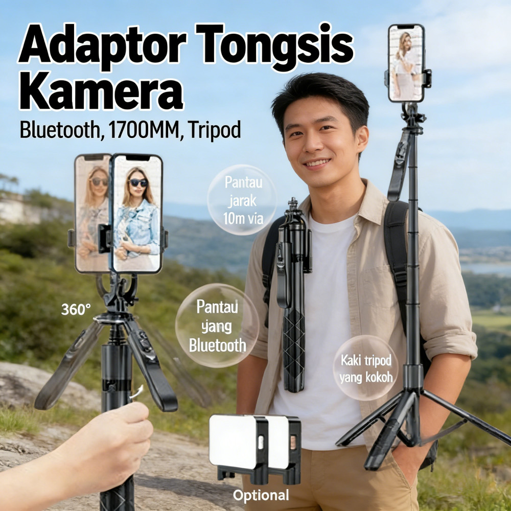 Tongsis Selfie Stick HP Remote Bluetooth DSLR Kamera Tripod Tongsis 1700MM 1/4 Adaptor