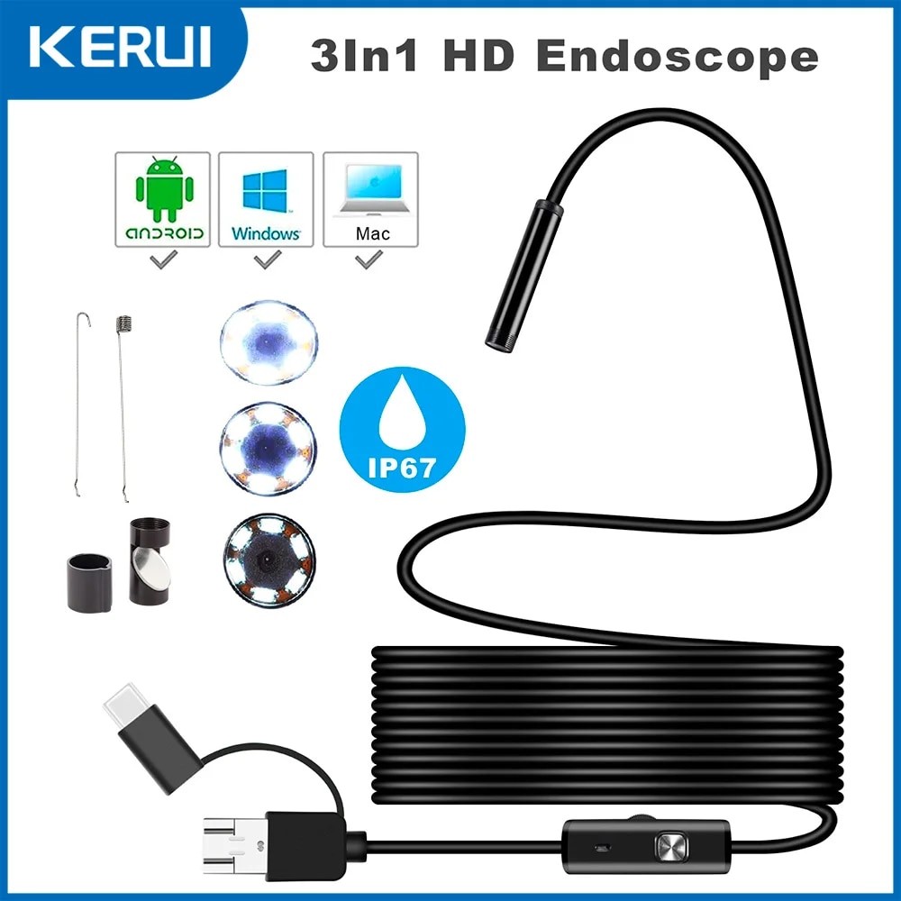 FUERS Android Endoscope Camera 3 IN1 Micro USB Type C  Borescope Mini Camera Waterproof LED Car pect