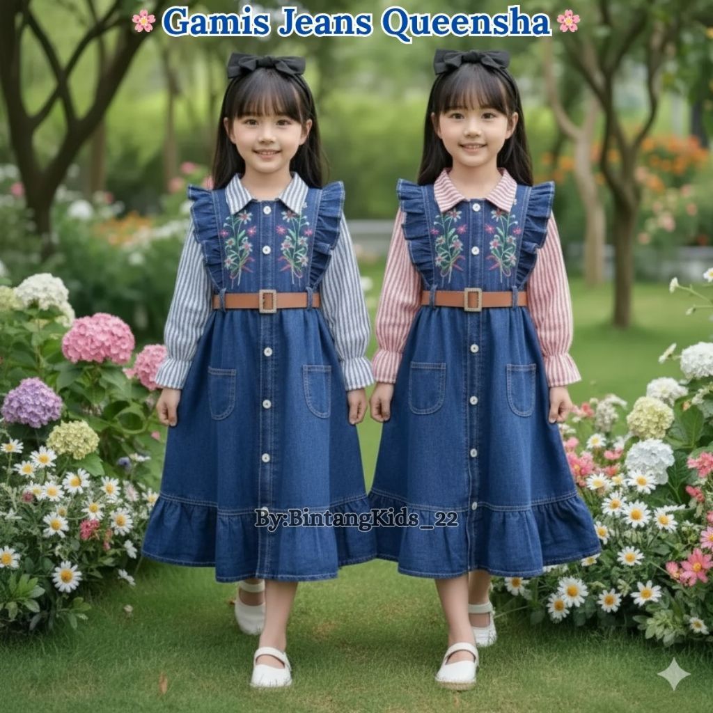 GARDESHOP.ID Gamis Jeans Bordir Bunga Cantik Usia 3-10 Tahun Bahan Katun Mix Jeans - Gamis Jeans Mot