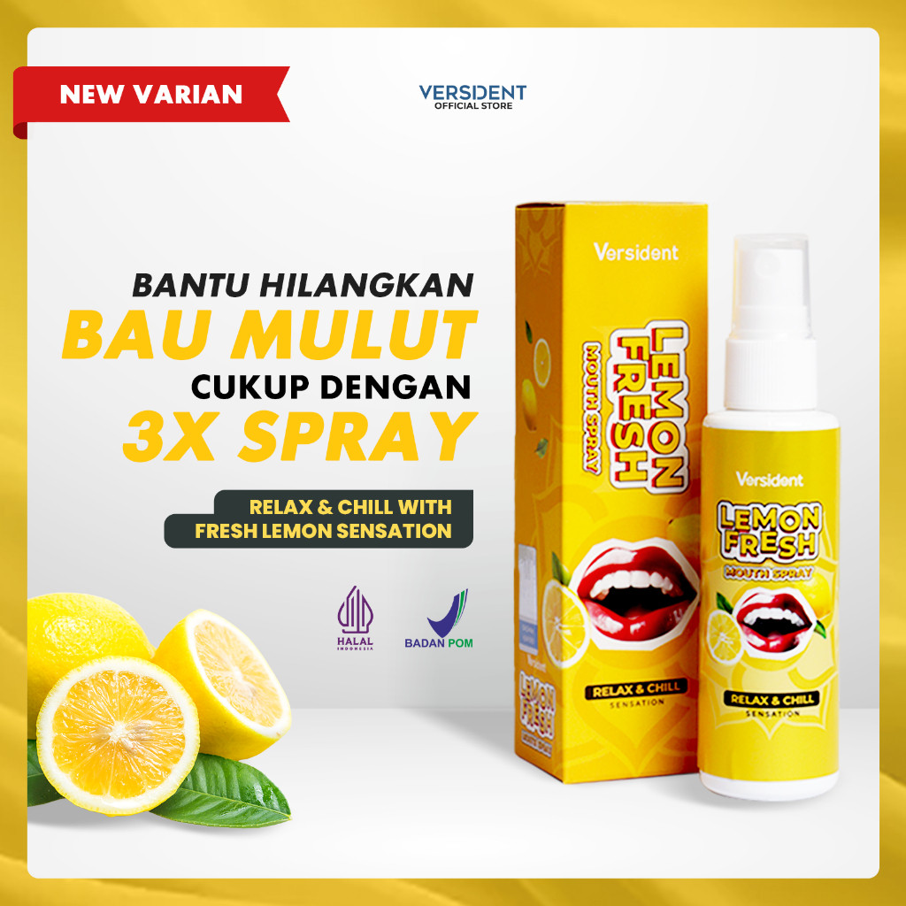 Mouth Spray Versident Lemon Fresh - Penghrum mulut, Parfum mulut Pewangi Nafas Rasa Lemon Halal BPOM
