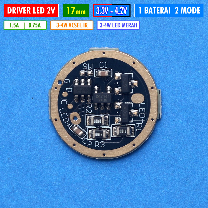 Driver Senter 17mm 2V 1.5A Driver VcSel Senter Led 1 Baterai 2 Mode Driver Led 2V IR Merah Uniquefir