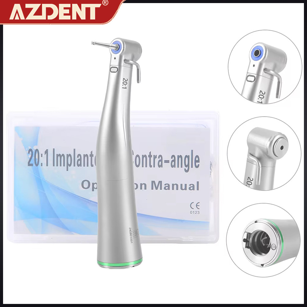 AZDENT Dental Fiber Optic 20:1 Implant Contra Angle Stainless  LED Low Speed Handpiece Dentistry Imp