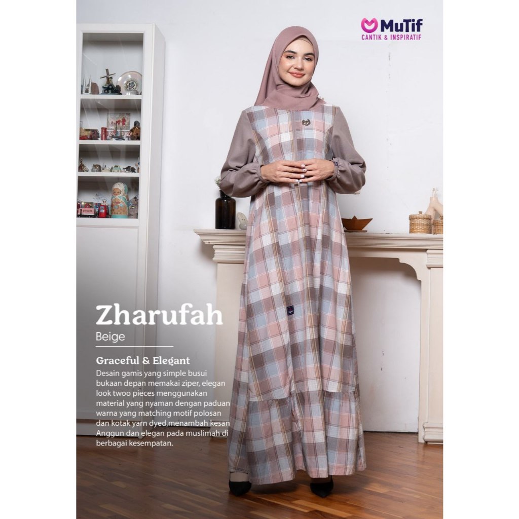 MUTIF Gamis ZHARUFAH Beige Dress Wanita Muslim Katun Kualitas Remaja Dewasa S-3XL