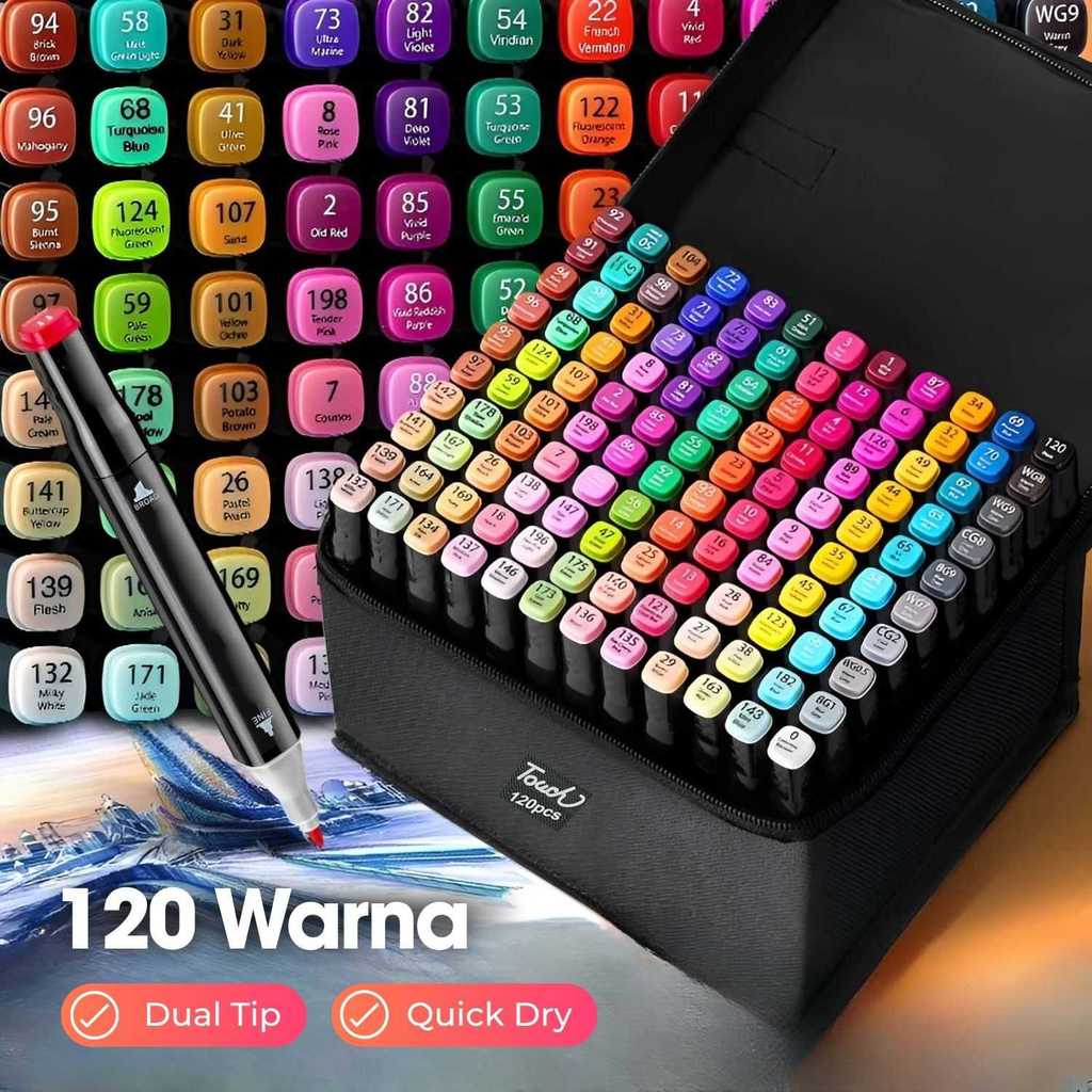 Spidol Dual Tip 120 Warna Art Marker Set - Dual Side Fine Art Brush Marker - Spidol Lukis Sketsa Des