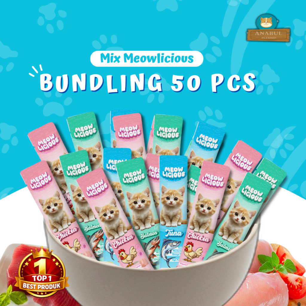 Paket Snack Kucing 50Pcs Mix Meow Licious Creamy Treats Makanan Basah Kitten Adult