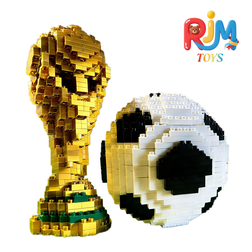 Mainan Edukatif Bongkar Pasang: Trofi Piala Dunia Emas + Blok Mikro Bola - Set Koleksi Sepak Bola