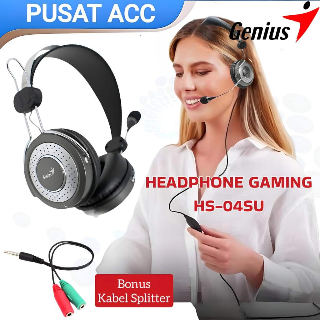 Headphone Headset Gaming GENIUS HS04SU Super Bass Mic With Noise Cancellation PC Mobile Komputer
