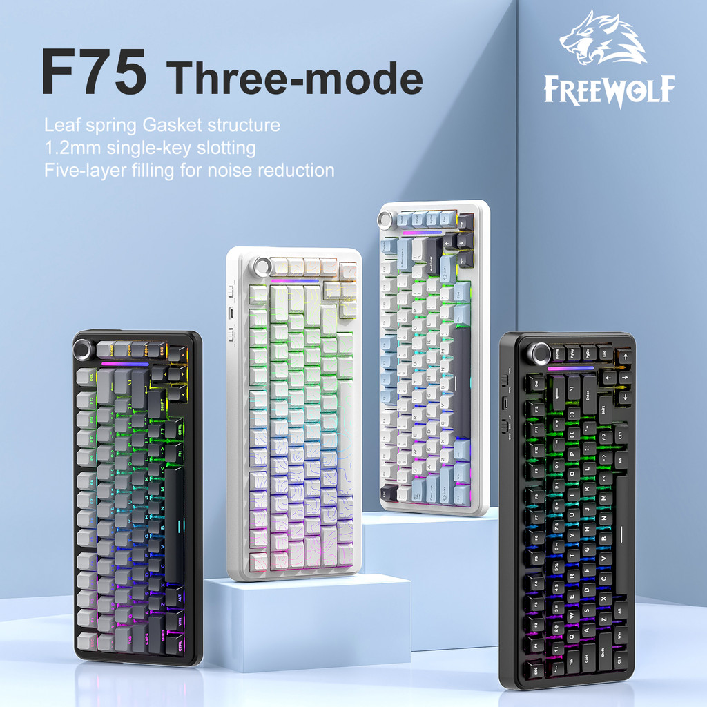 FREEWOLF and Aula F75 Meanical Keyboard with Metal Knobs,4000 mA,RGB,Tri-Mode AULA F75 Keyboard Mode