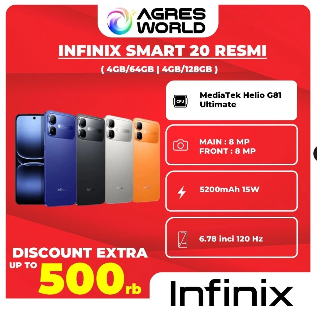 INFINIX SMART 20 RAM 4GB PENYIMPANAN 64B/128GB CHIPSET MEDIATEK HELIO G81 ULTIMATE GARANSI RESMI IND