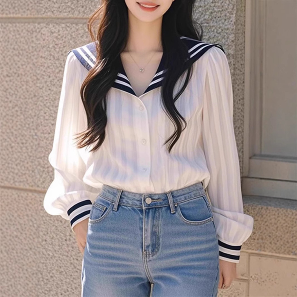 YURUMA Kemeja Wanita Lengan Panjang Kerah Navy Korea Blus Garis Putih