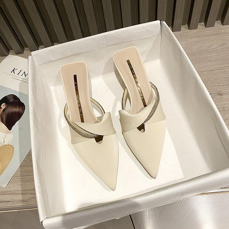 Sandal Wanita Berujung Runcing dengan Hak Tipis, Sepatu Hak Tinggi Model Mule