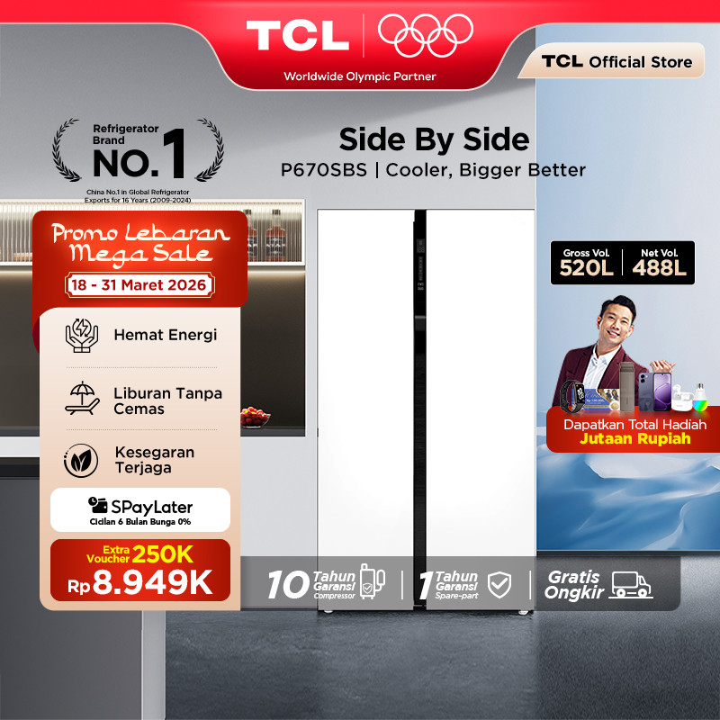 TCL Kulkas 2 Pintu Side by Side - Kapasitas 520L - Holiday Mode - Twin Eco Inverter - AAT Gen 2 Natu