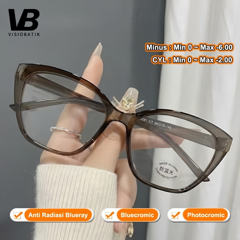 VisioBatik Cat Eye Kacamata Wanita Minus Anti Blueray Frame tebal TR90 Frame Fashion Korean Style Mi