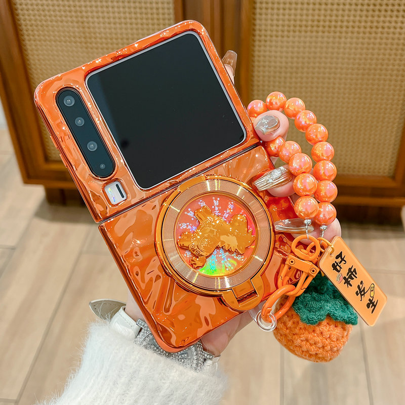 Casing ponsel lipat untuk Huawei Pura X Electroplated Orange dengan Bracket Kuda Berputar dan Gelang