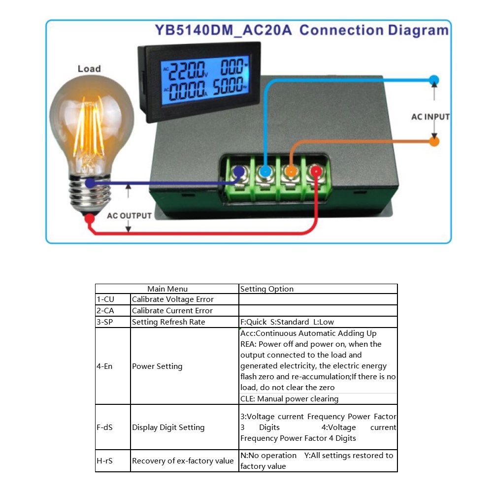 ROSEBEAR Yb5140dm Voltmètre de CA multifonction Ampèremètre 0 ~ 20 A Écran numérique 60 ~ 500 V 