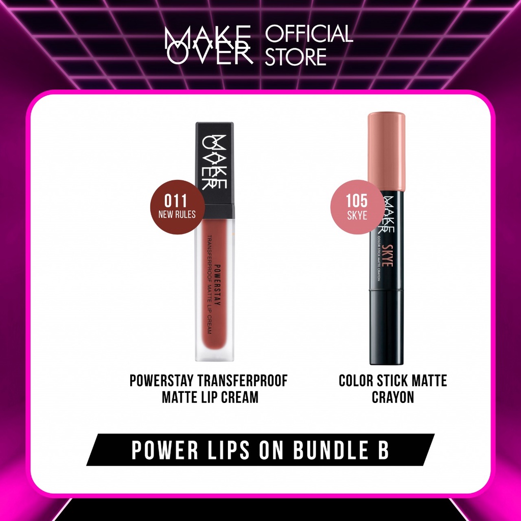 MAKE OVER MATTE BUNDLE : Transferproof Matte Lip Cream, Color Stick Matte Crayon, Glazed Lock Lip Pigment