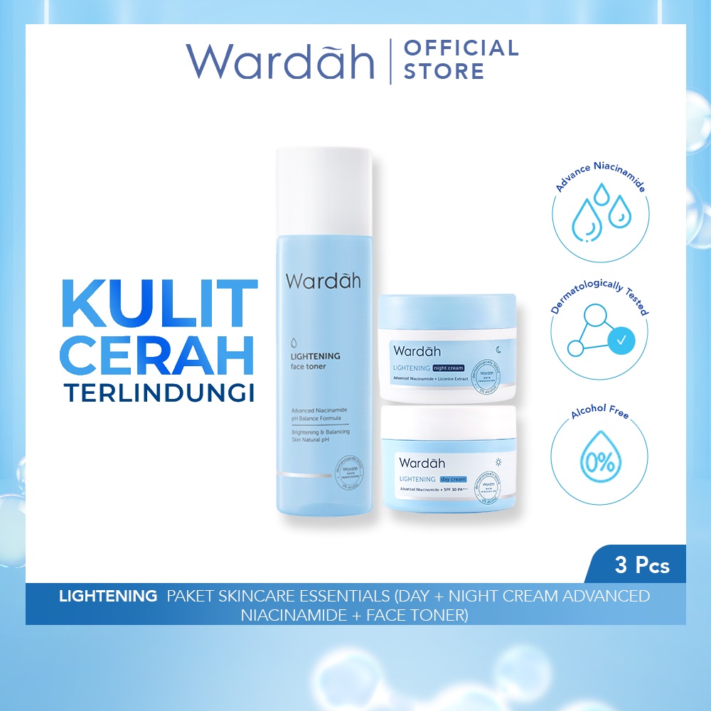 Wardah Lightening Paket Skincare Essentials (Day + Night Cream Advanced Niacinamide + Face Toner)