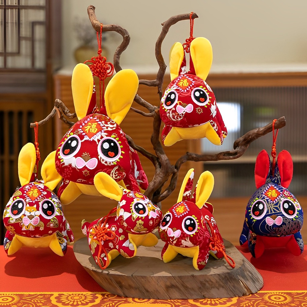 Fluffy Rabbit Bunny Mainan Mewah Ornamen Kartun Hewan China Untuk Tahun Baru
