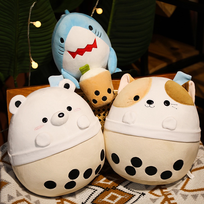 Plushy Bubble Tea Boba Cup Squishmallow Mainan Mewah Beruang Hiu Kucing