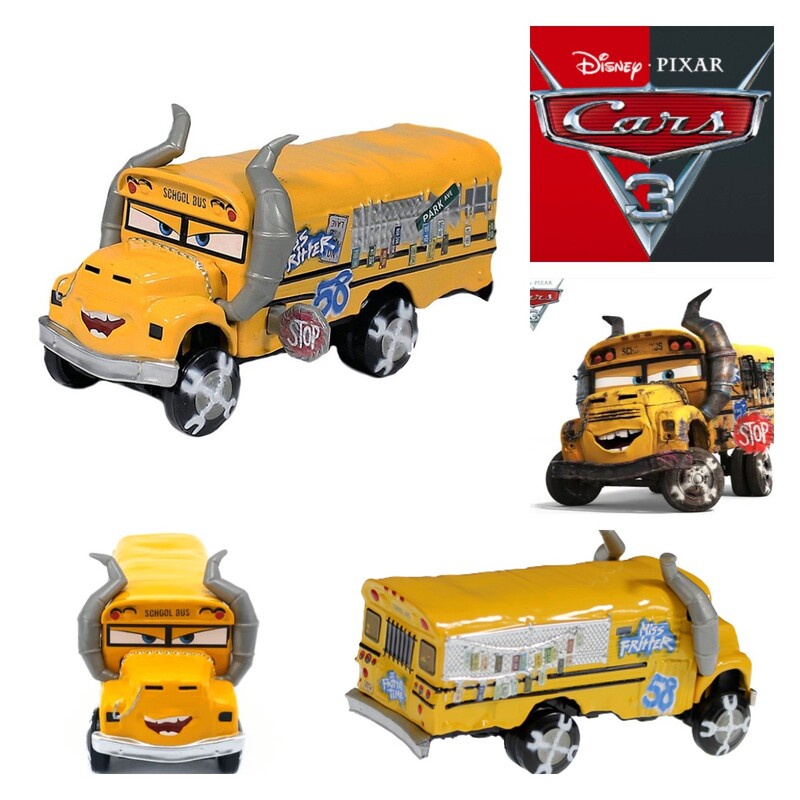 Disney Pixar Car3 Fritter School Bus Crazy Max Bull Alloy Toy Kid Model Kartun Mainan Ulang Tahun Anak Laki-Laki