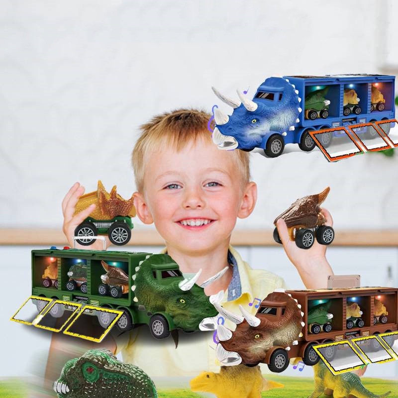 Set Mainan Truk Dinosaurus Anak Warna Warni Pull Back Vehicle Mainan Lantai Kendaraan Industri