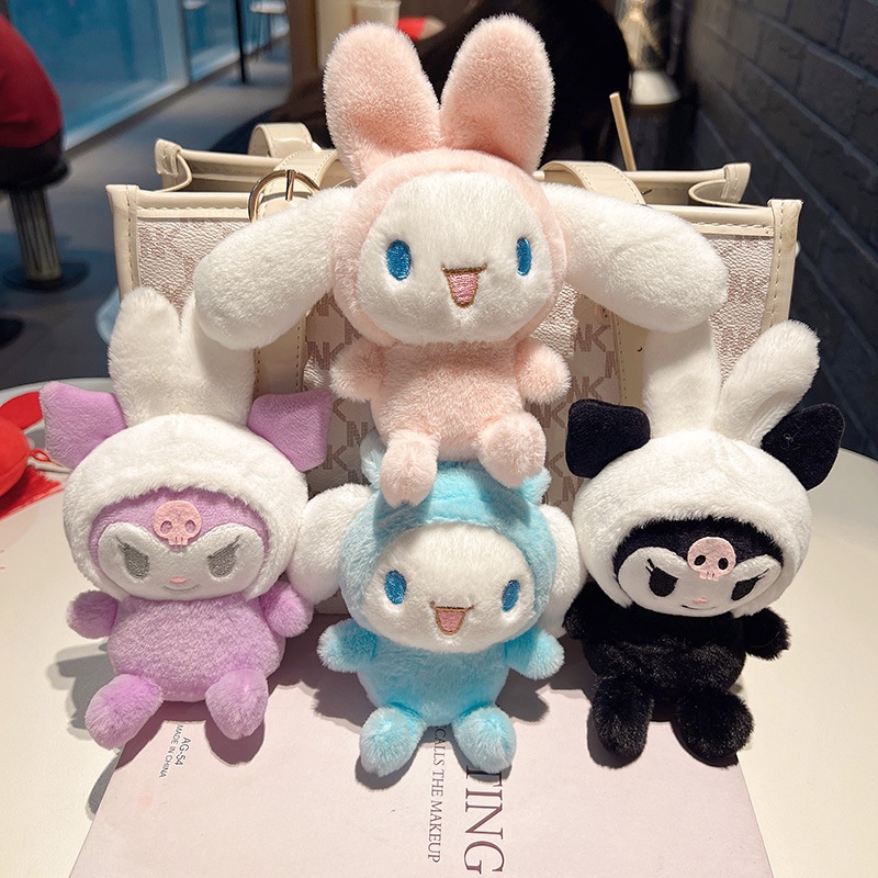 Lucu Sanrio Kuromi Cinnamonroll Rabbit Plush Keychain Mainan Kartun Liontin Ransel Ornamen Gadis Anak Hadiah
