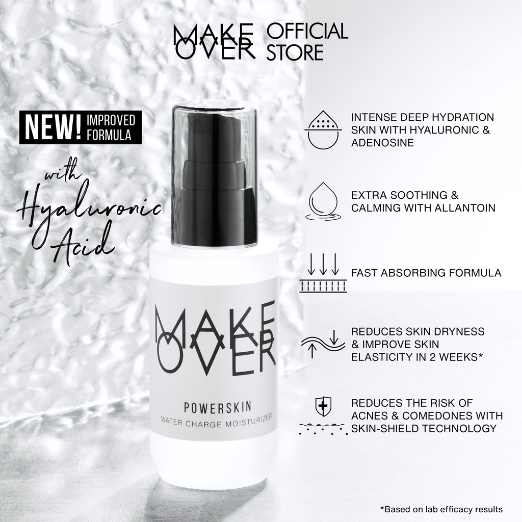 MAKE OVER Powerskin Water Charge Moisturizer - Hyaluronic Acid HA ringan lembab watery gampang cepat meresap base makeup kulit kenyal dalam 2 minggu cocok sebelum makeup tidak berwarna non-comedogenic