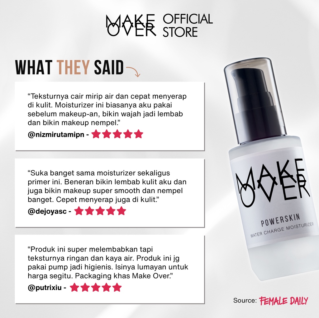 MAKE OVER Powerskin Water Charge Moisturizer - Hyaluronic Acid HA ringan lembab watery gampang cepat meresap base makeup kulit kenyal dalam 2 minggu cocok sebelum makeup tidak berwarna non-comedogenic