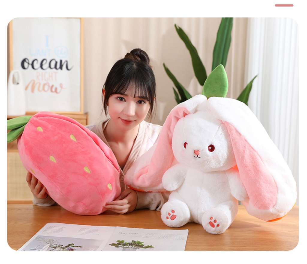 Strawberry Rabbit Plush Cute Bunny Telinga Panjang 2in1 Buah Hewan Boneka Boneka Wortel Outfit Kostum Boneka Cosplay Mainan Mewah