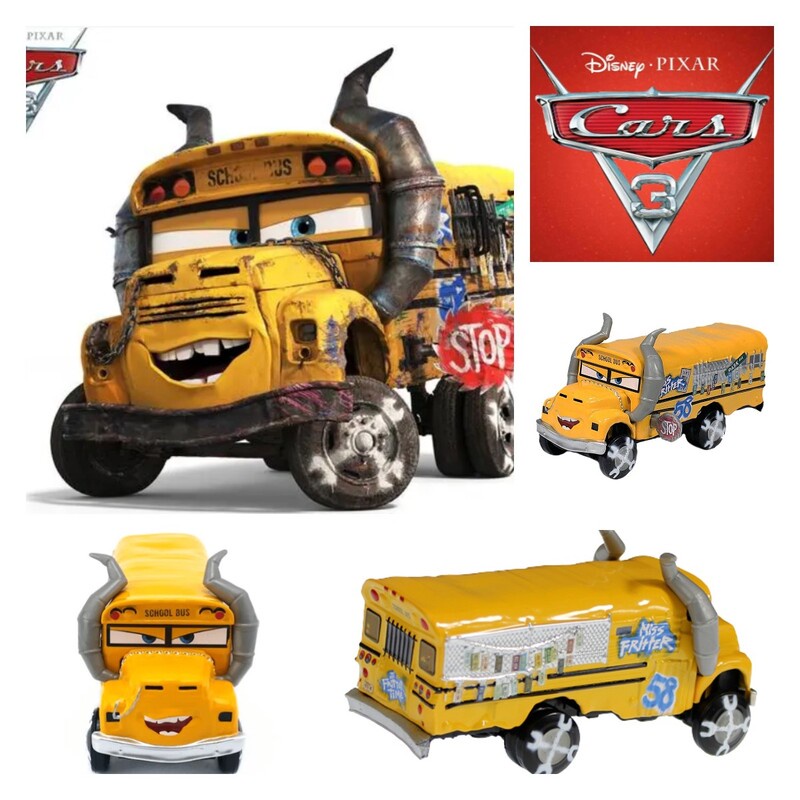 Disney Pixar Car3 Fritter School Bus Crazy Max Bull Alloy Toy Kid Model Kartun Mainan Ulang Tahun Anak Laki-Laki