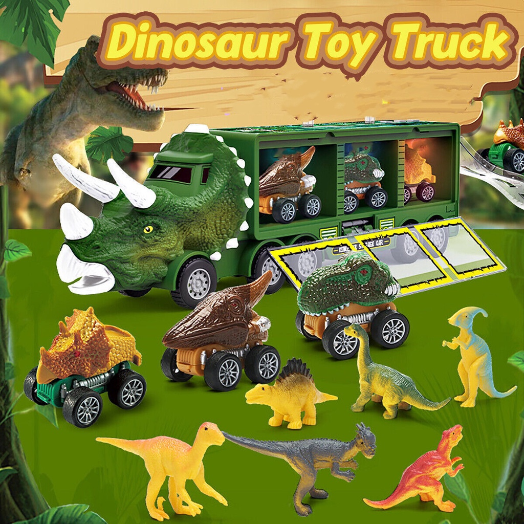 Set Mainan Truk Dinosaurus Anak Warna Warni Pull Back Vehicle Mainan Lantai Kendaraan Industri