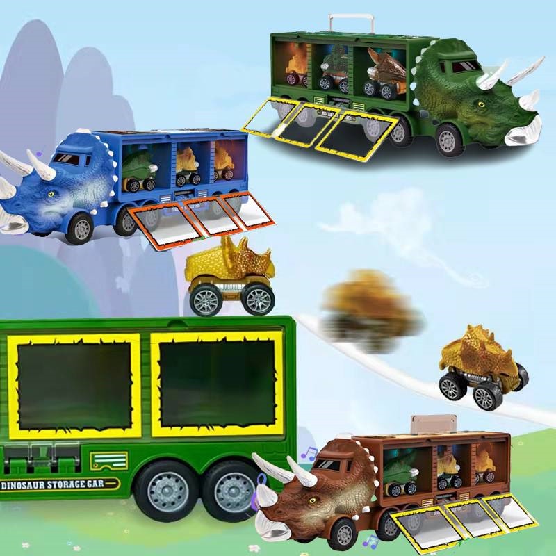 Set Mainan Truk Dinosaurus Anak Warna Warni Pull Back Vehicle Mainan Lantai Kendaraan Industri