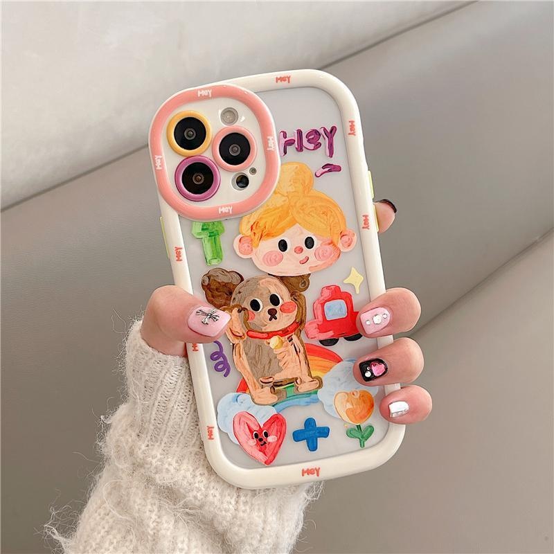 IPHONE Puff Cream White Border Girl Brown Dog Design Phone Case Kompatibel Dengan Iphone12 13 14 11 Pro Max Hhtrfg
