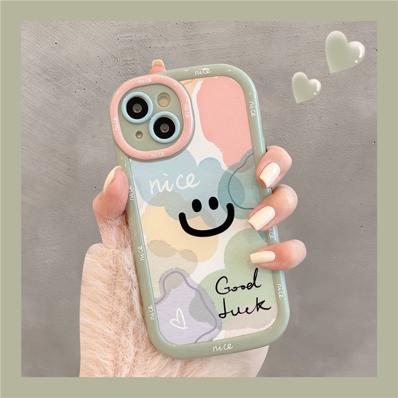 IPHONE Puff Green Border Bagus Goodluck Desain Wajah Tersenyum Casing Ponsel Kompatibel Dengan Iphone12 13 14 11 Pro Max Hrtfg