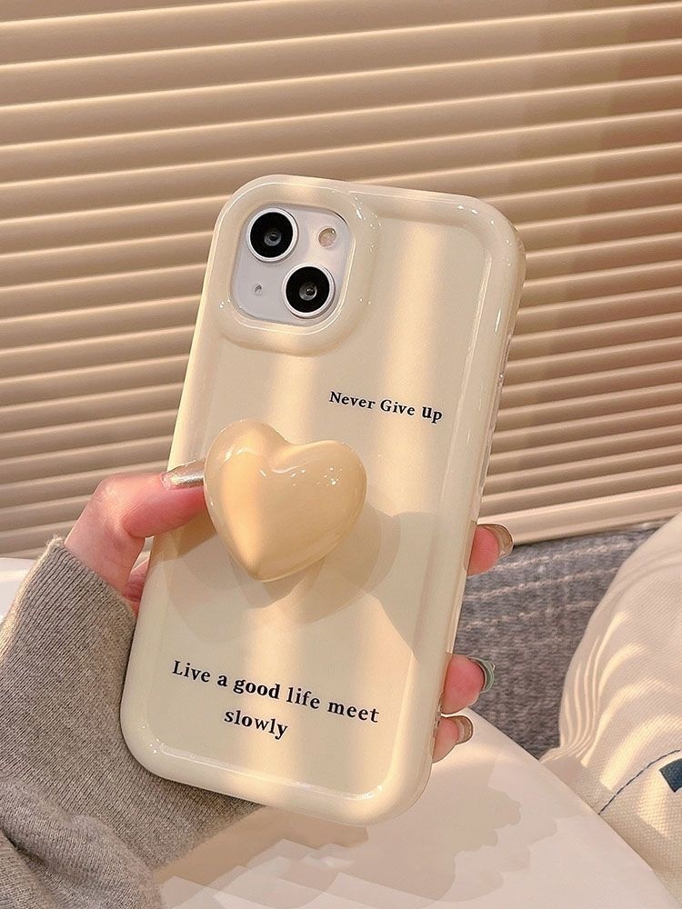 IPHONE Casing Ponsel Desain Bracket Hati Kuning Tunggal Cream Glossy Kompatibel Dengan Iphone12 13 14 11 Pro Max X Xs Max Xr Ppklj