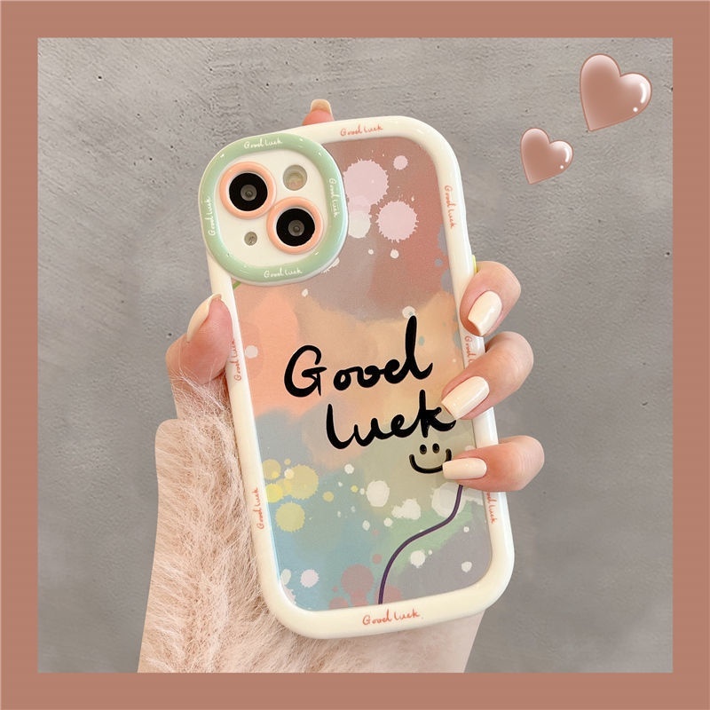 IPHONE Puff Green Border Bagus Goodluck Desain Wajah Tersenyum Casing Ponsel Kompatibel Dengan Iphone12 13 14 11 Pro Max Hrtfg