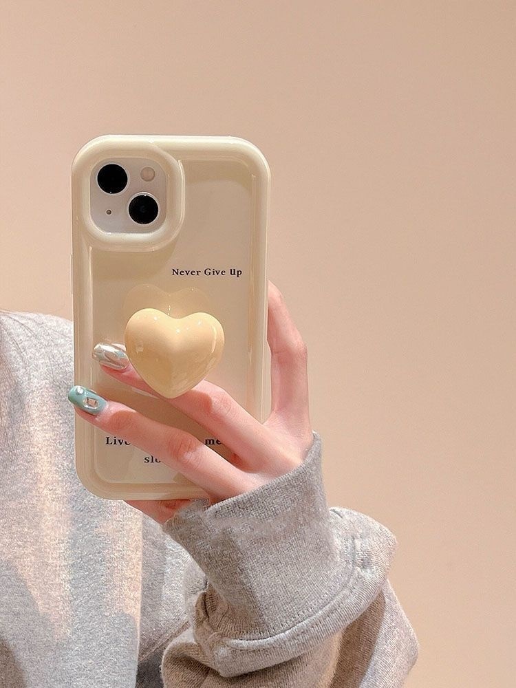 IPHONE Casing Ponsel Desain Bracket Hati Kuning Tunggal Cream Glossy Kompatibel Dengan Iphone12 13 14 11 Pro Max X Xs Max Xr Ppklj