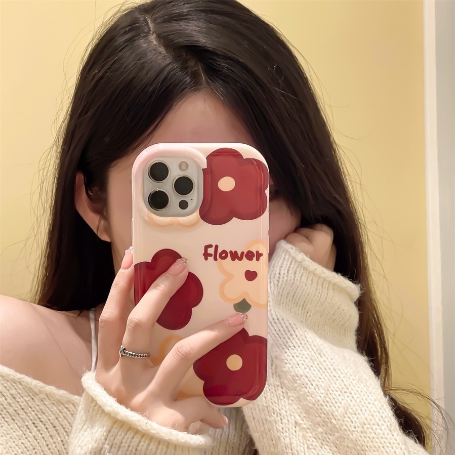 IPHONE Lukisan Cat Minyak Sisi Bingkai Desain Tiga Bunga Merah Casing Ponsel Kompatibel Dengan Iphone12 13 14 11 Pro Max X Xs Max Xr Frfrd