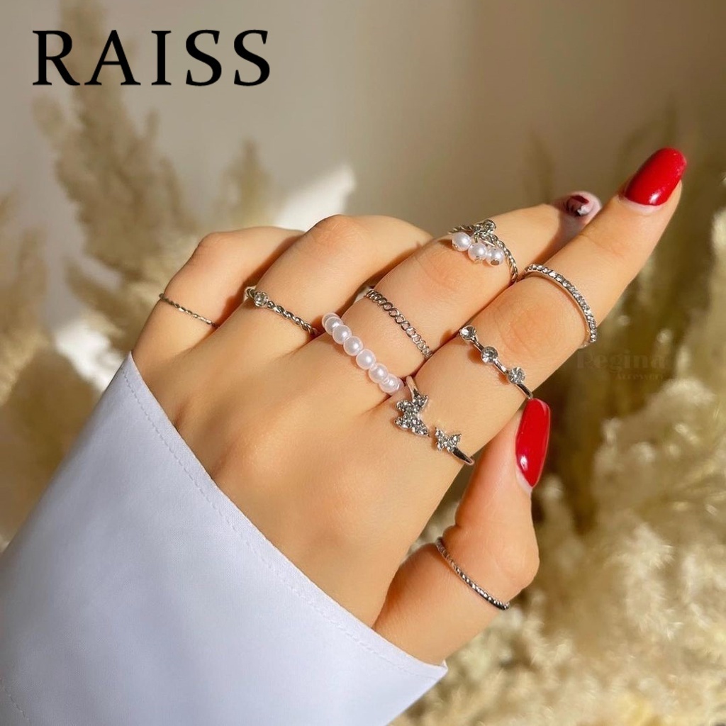 9pcs / Set Cincin Kristal Mutiara Hollow Tipis Untuk Wanita Butterfly Diamond Ring Set